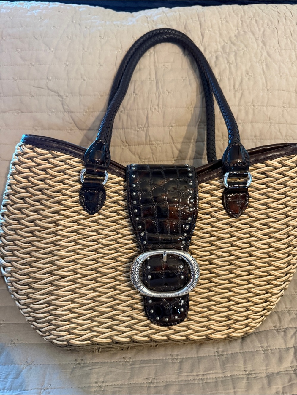 Brighton Woven Straw Tote with Dark Brown Trim and Buckle